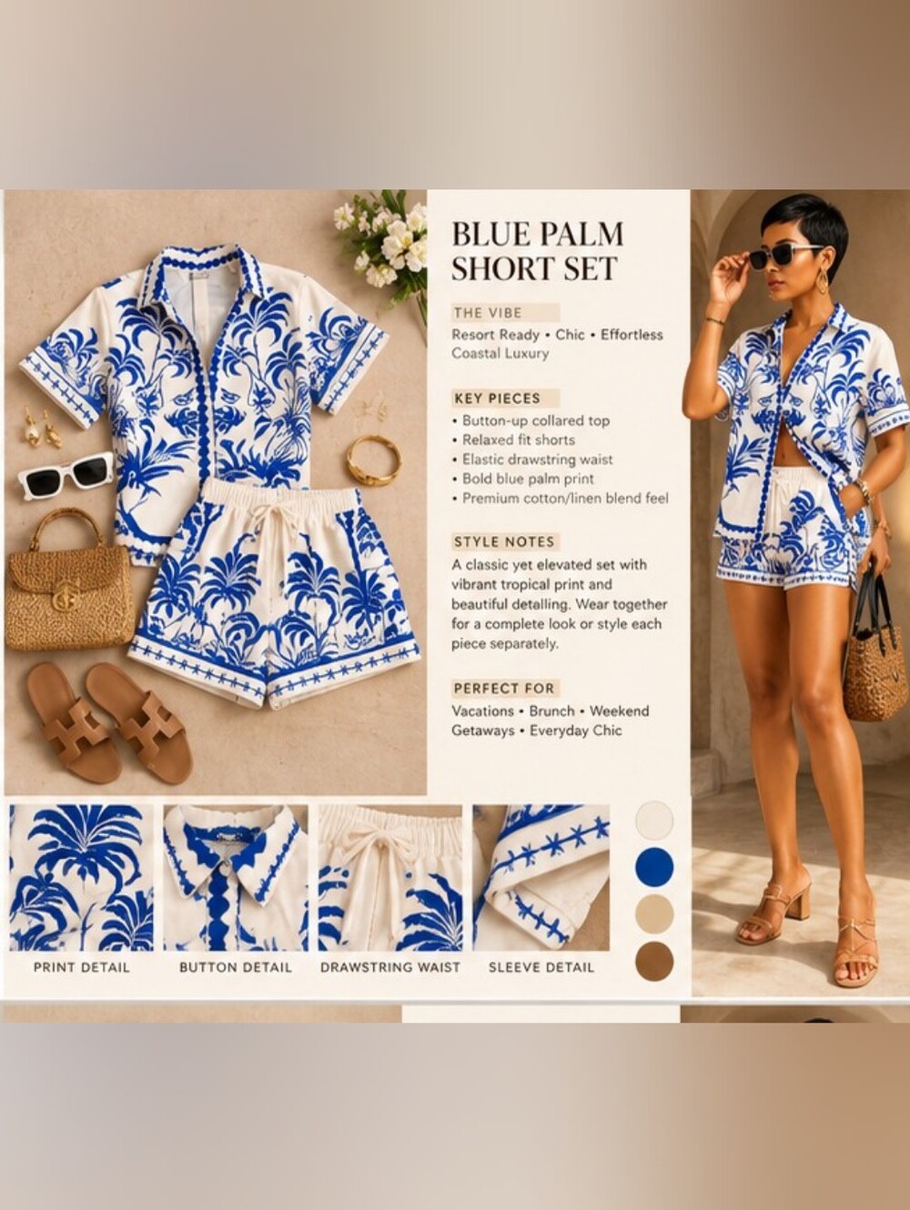 Commense Blue Palm Short Set - Women's Cotton-Linen Shorts